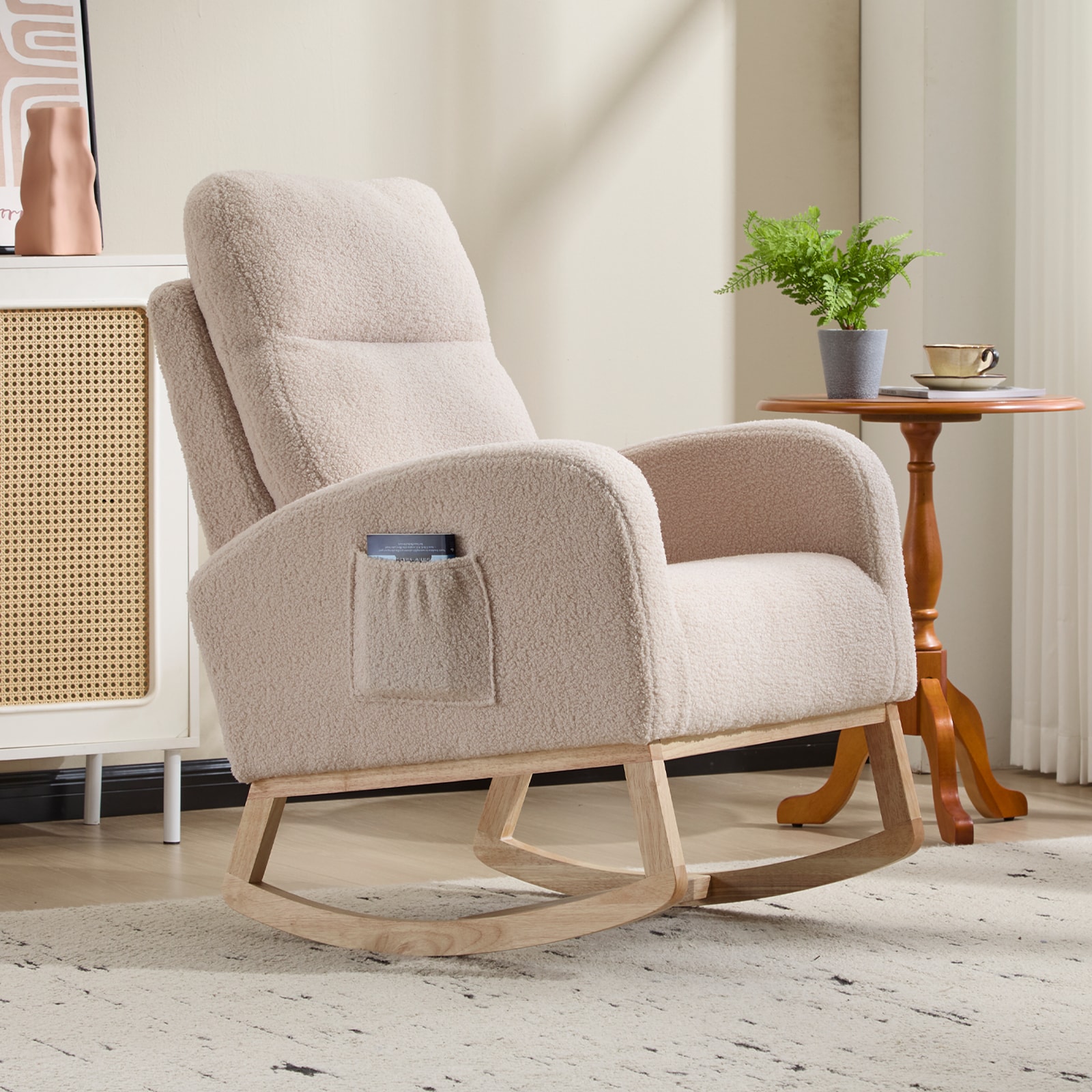 Modern Accent Rocking Chair Rocking Chair With Solid Wood Legs, Upholstered Nursery Glider Rocker, Comfy Armchair With Side Pocket, Living Room Lounge Arm Chair With High Backrest (Beige,teddy)_voghion.com